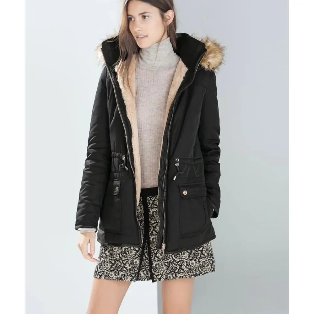 Zara Trafaluc Parka‎ Coat Black Faux Fur Size Small 3427/225/800 Winter